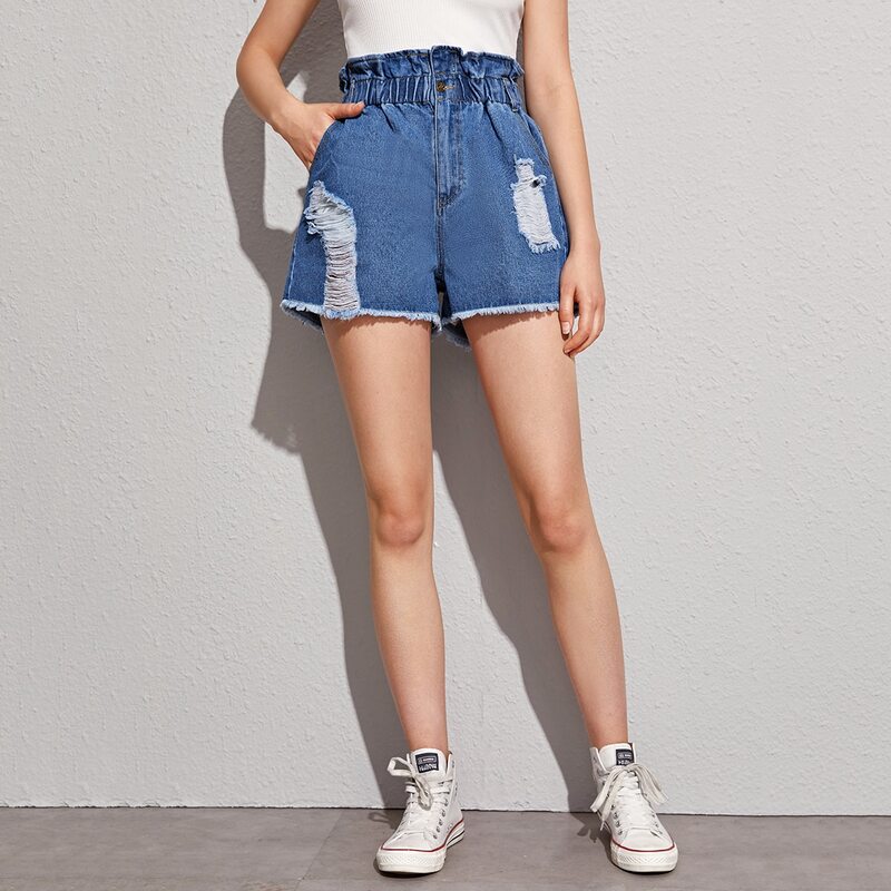 

Ripped Raw Hem Paper Bag Waist Denim Shorts, Blue