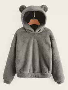SHEIN Drop Shoulder Fuzzy Ear Teddy Hoodie - Grey - View 1