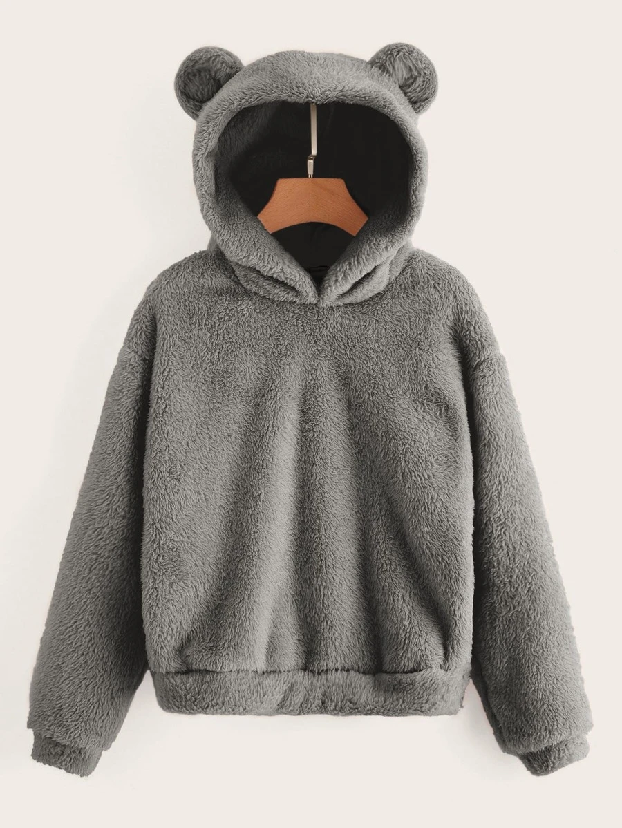 SHEIN Drop Shoulder Fuzzy Ear Teddy Hoodie - Grey - View 1
