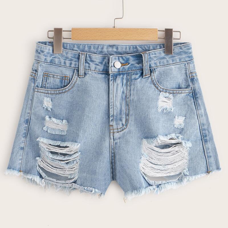 

Ripped Raw Hem Denim Shorts, Blue