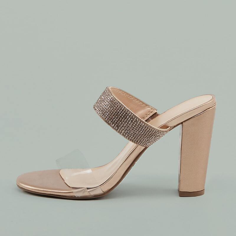

PVC Open Toe Crystal Band Block Heel Sandals, Gold