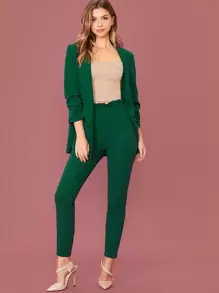 SHEIN Privé Shawl Collar Solid Blazer & Paperbag Waist Trousers Set - Green - View 3