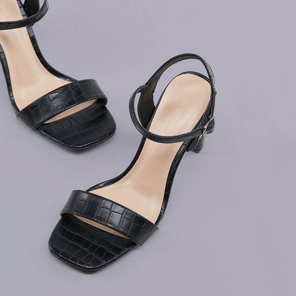

Square Toe Croc Detail Chunky Heel Sandals, Black