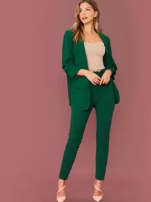 SHEIN Privé Shawl Collar Solid Blazer & Paperbag Waist Trousers Set - Green - View 5