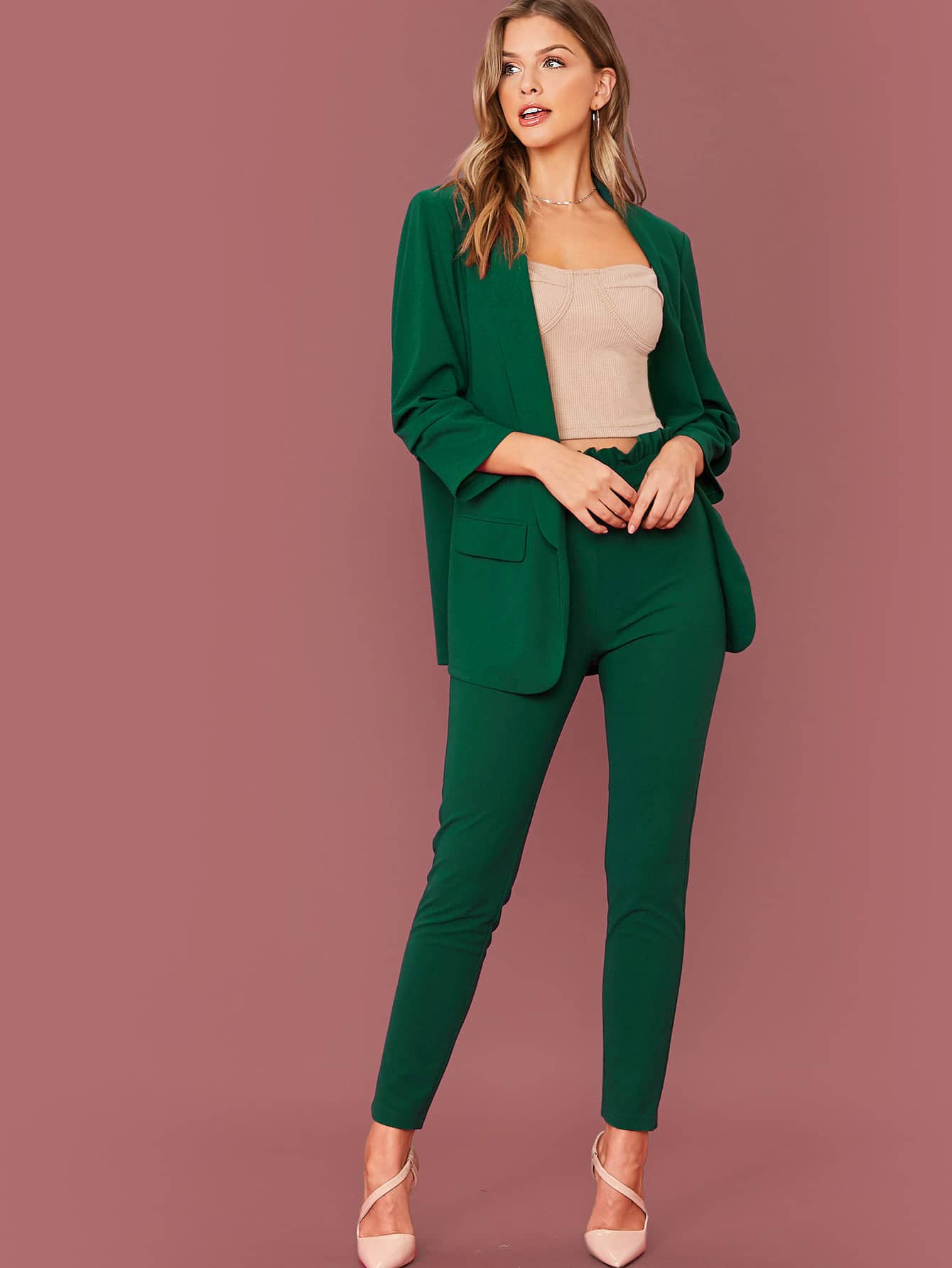 SHEIN Privé Conjunto blazer unicolor de cuello esmoquin con pantalones de cintura con volante - Verde - Añade 5