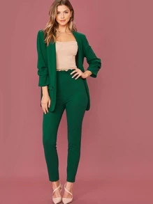 SHEIN Privé Shawl Collar Solid Blazer & Paperbag Waist Trousers Set - Green - View 1