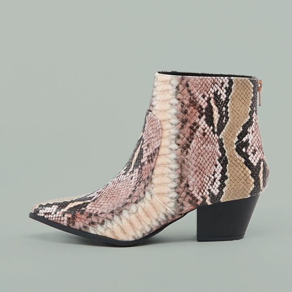 

Pointy Toe Block Heel Snakeskin Ankle Boots, Multicolor