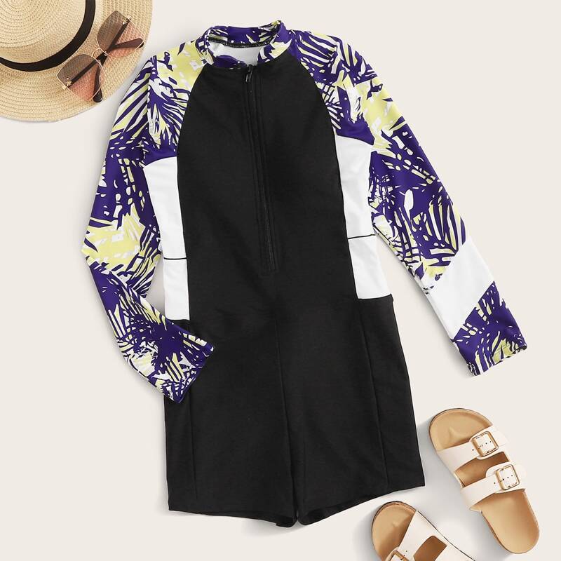 

Tropical Zipper Front Boyleg One Piece Swimsuit, Multicolor