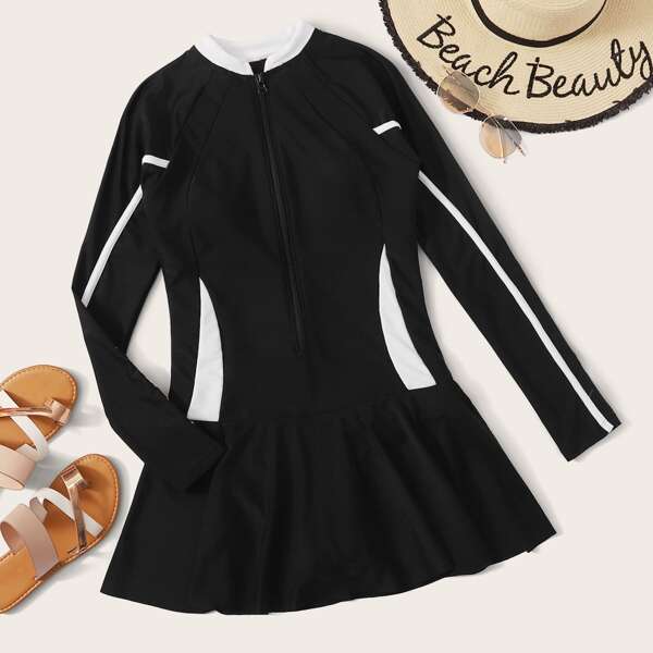 

Zipper Front Long Sleeve One Piece Swimsuit, Black