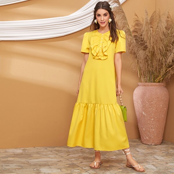 

Layered Ruffle Button Front Smock Dress, Yellow