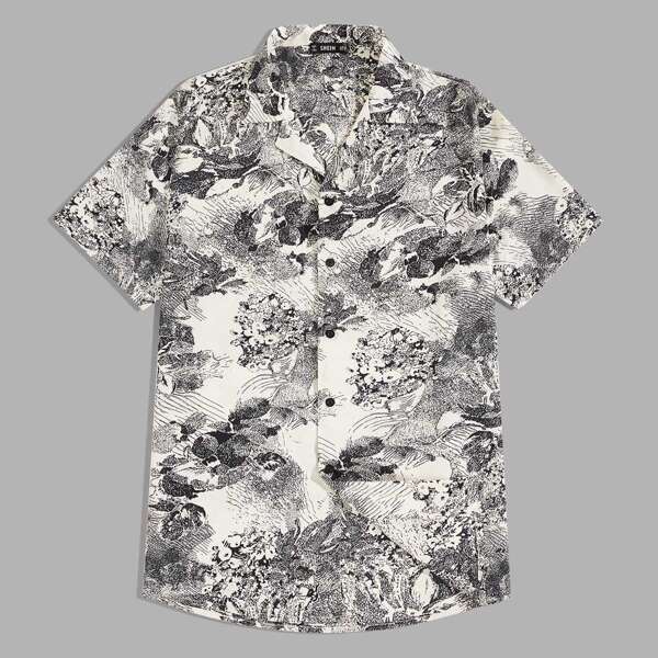

Men Notched Collar Landscape Print Shirt, Multicolor