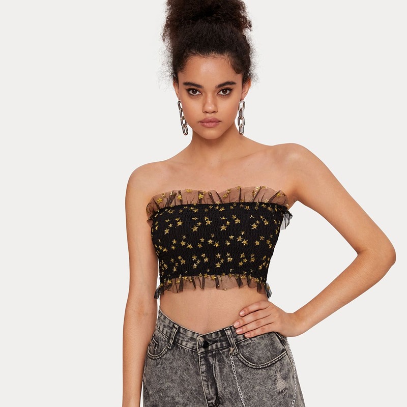 Star Allover Print Mesh Tube Top, Black