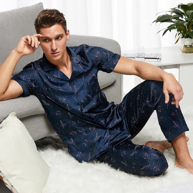 

Guys Floral Print Satin PJ Set, Navy