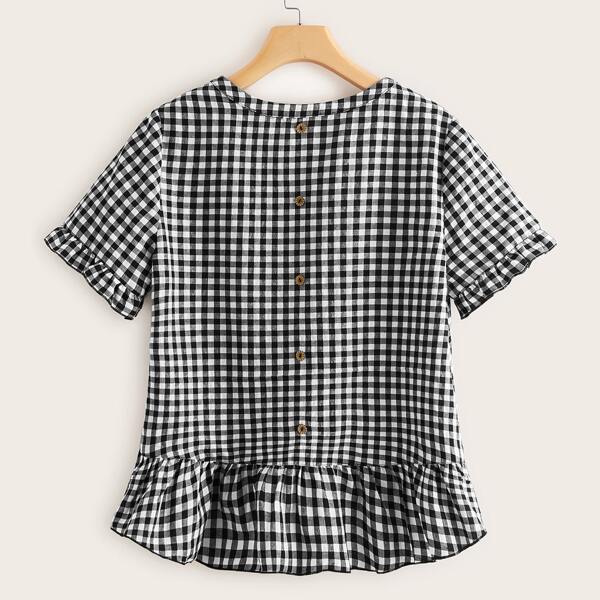 

Button Back Ruffle Trim Gingham Top, Black and white