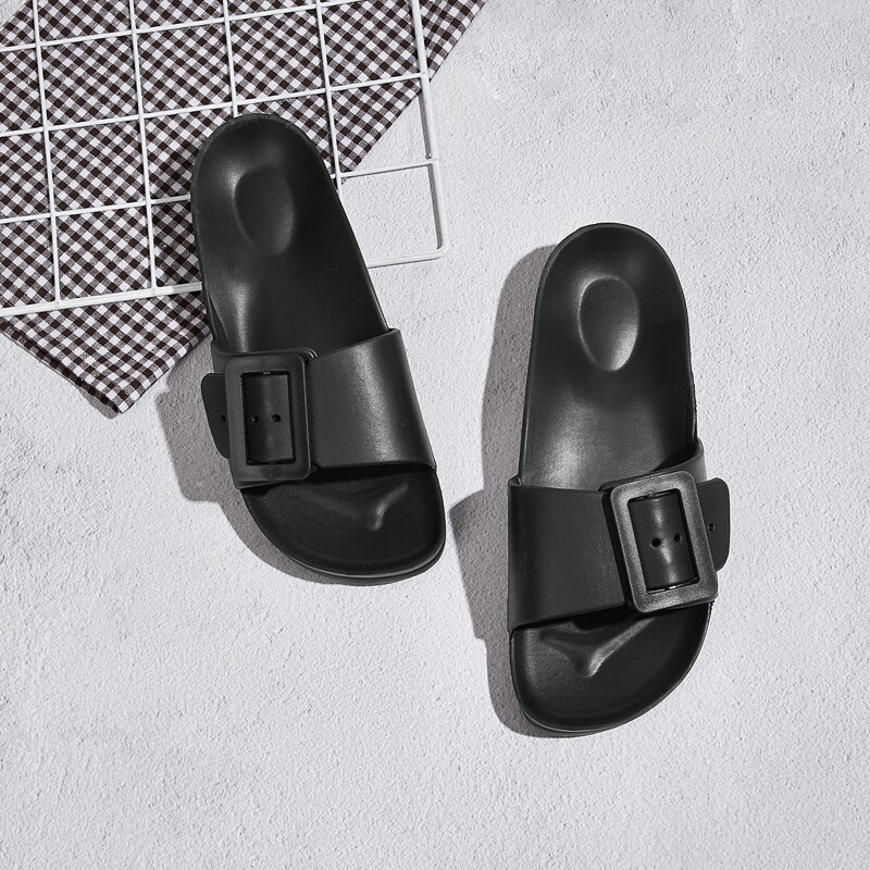 

Buckle Front Open Toe Sliders, Black