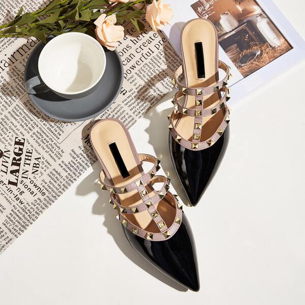 

Rivet Detail Pointed Toe Flat Mules, Black