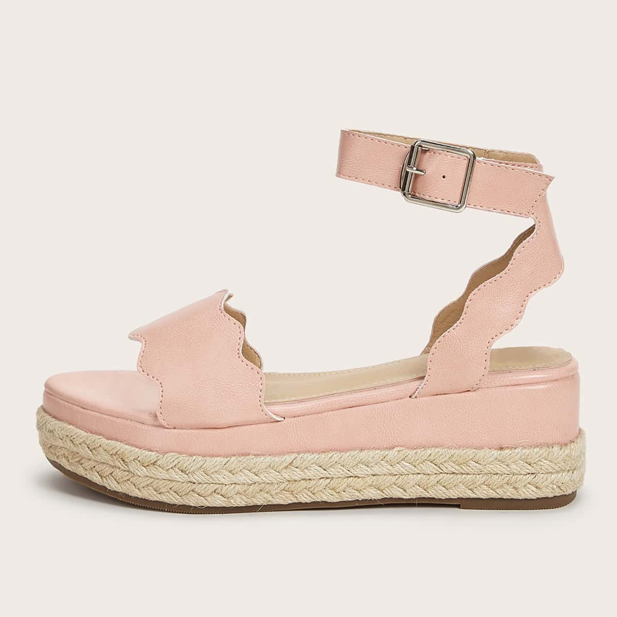 

Open Toe Scalloped Strap Ankle Strap Wedges, Pink
