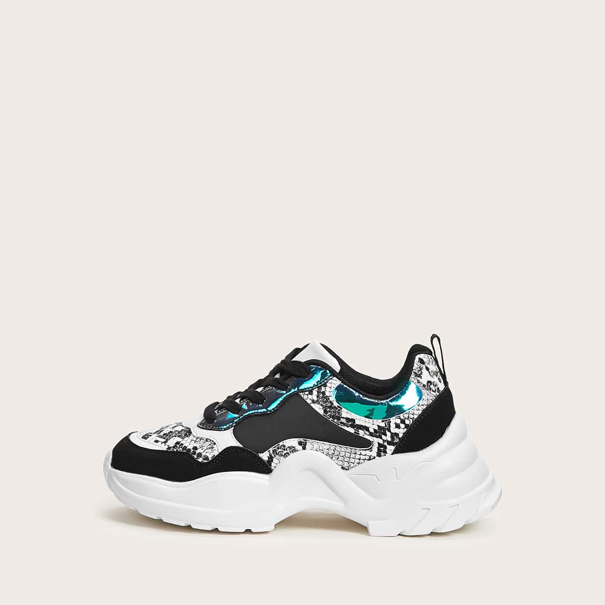

Holographic Details Lace-up Front Chunky Sneakers, Black