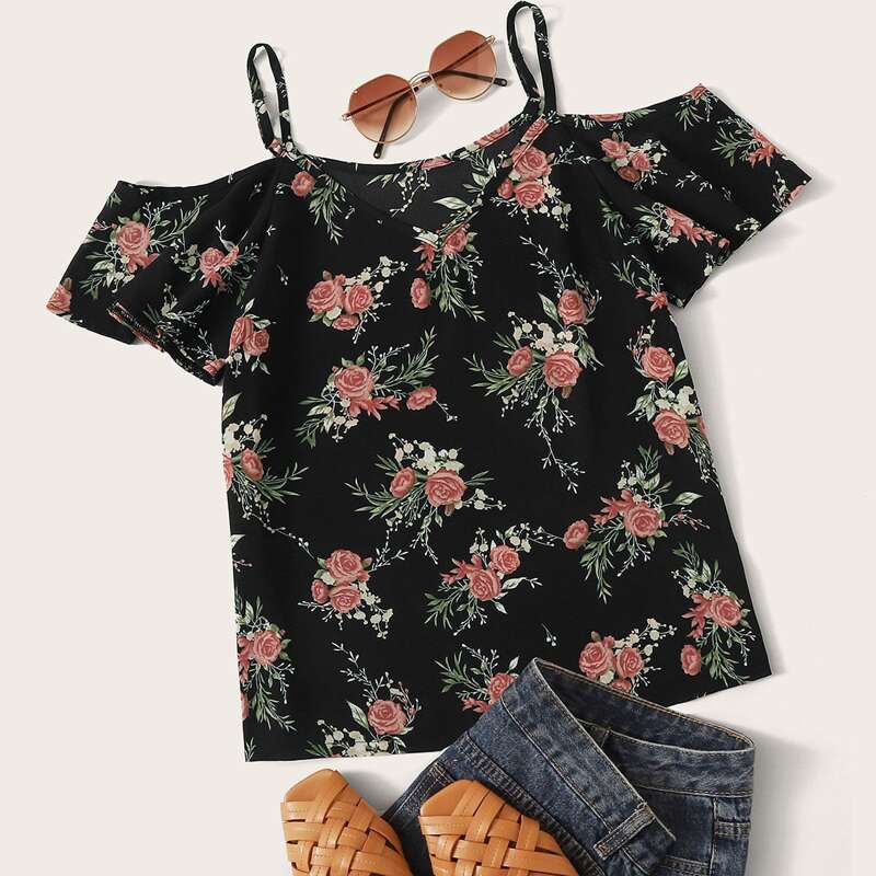 

Floral Print Cold Shoulder Blouse, Black