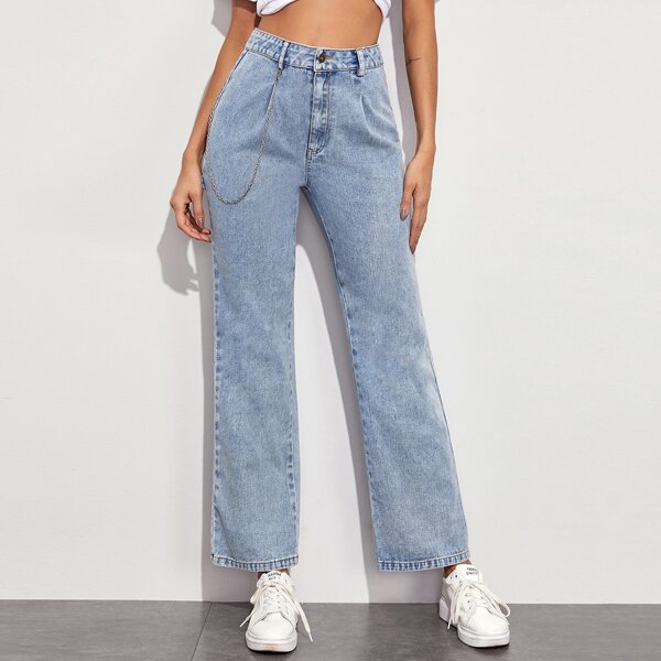 

High Waisted Chain Decoration Baggy Mom Jeans, Blue