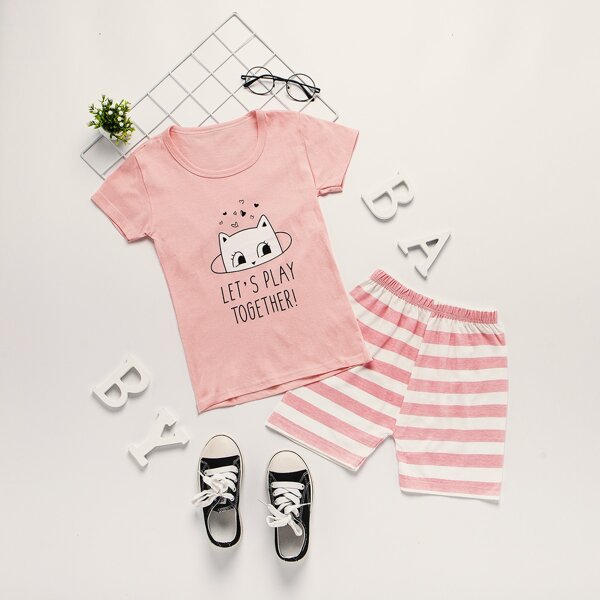 

Toddler Girls Cartoon Graphic Tee & Stripe Shorts, Pink