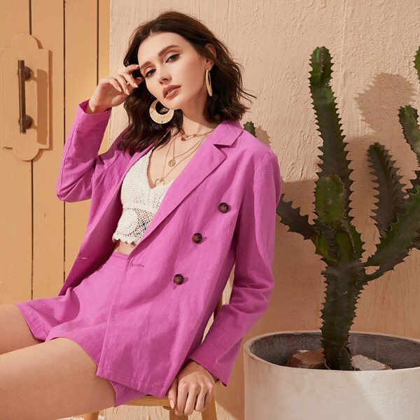 

Lapel Collar Double Breasted Blazer & Shorts Set, Pink bright