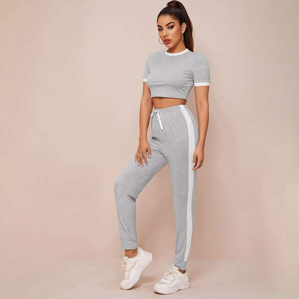 

Contrast Side Seam Bow Detail PJ Set, Grey