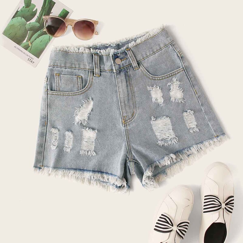 

Raw Hem Ripped Denim Shorts, Blue pastel