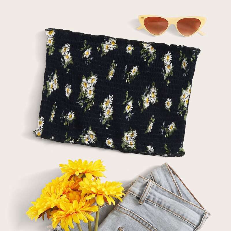 

Frill Trim Floral Print Shirred Tube Top, Black
