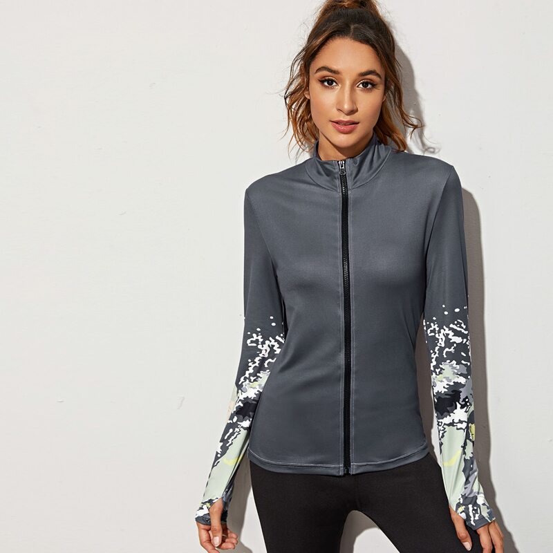

Camo Print Zip Up Sports Jacket, Grey