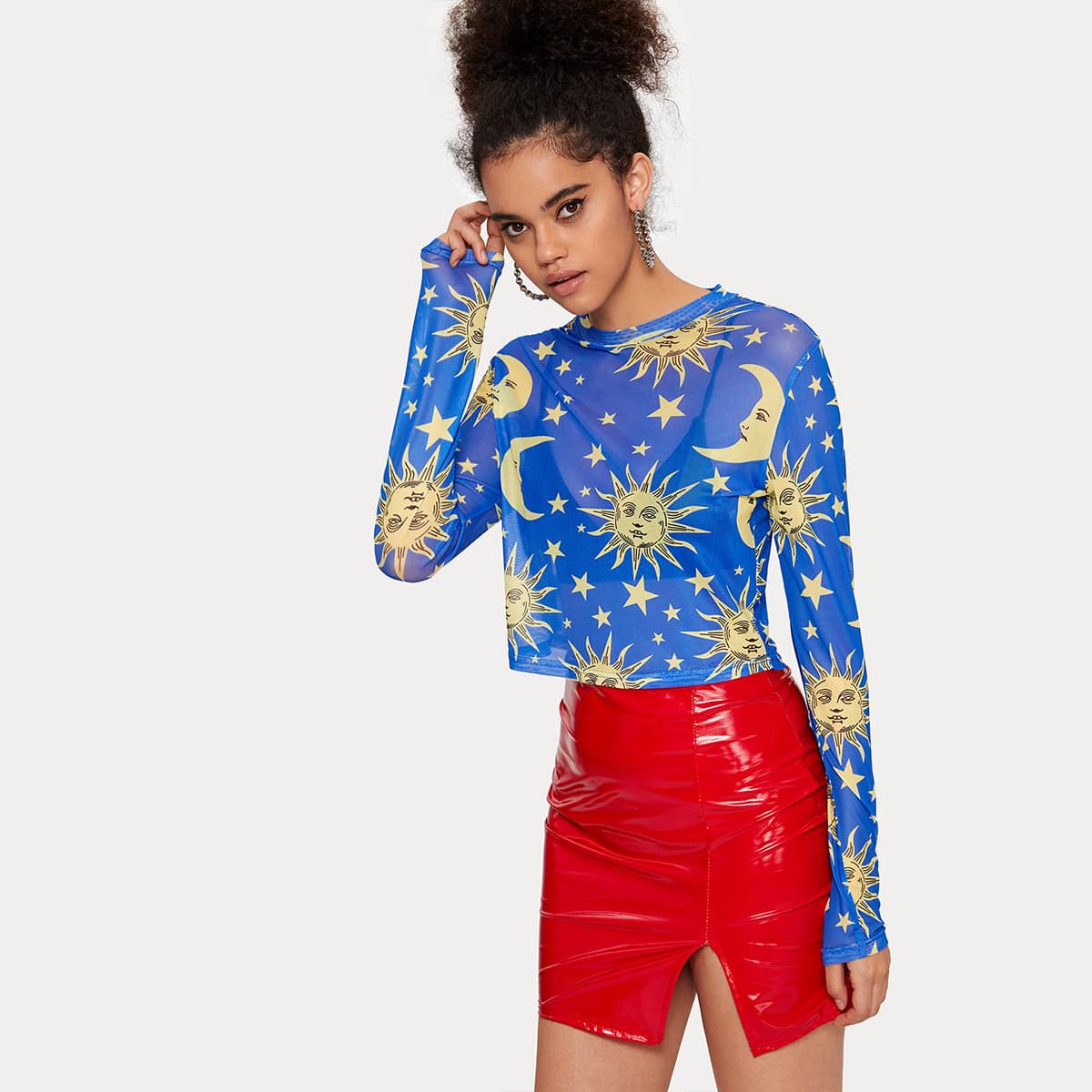 

Galaxy Graphic Sheer Mesh Top Without Bra, Blue