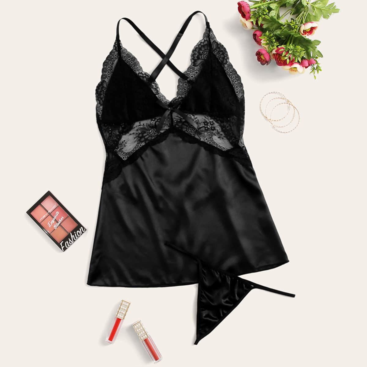 

Contrast Lace Satin Slips With Thong, Black