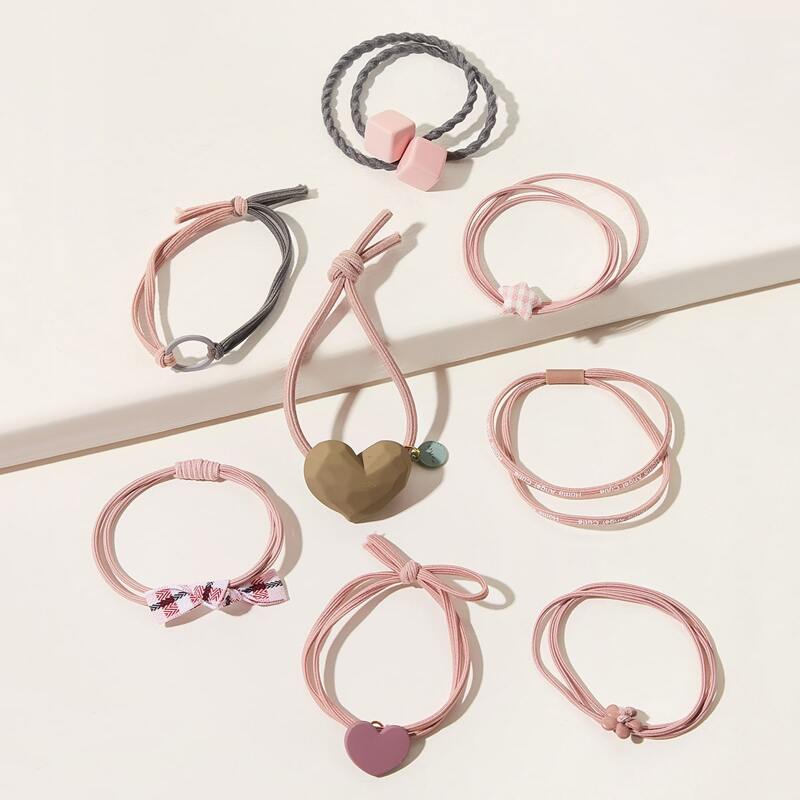 

8pcs Heart & Cube Decor Hair Tie, Pink