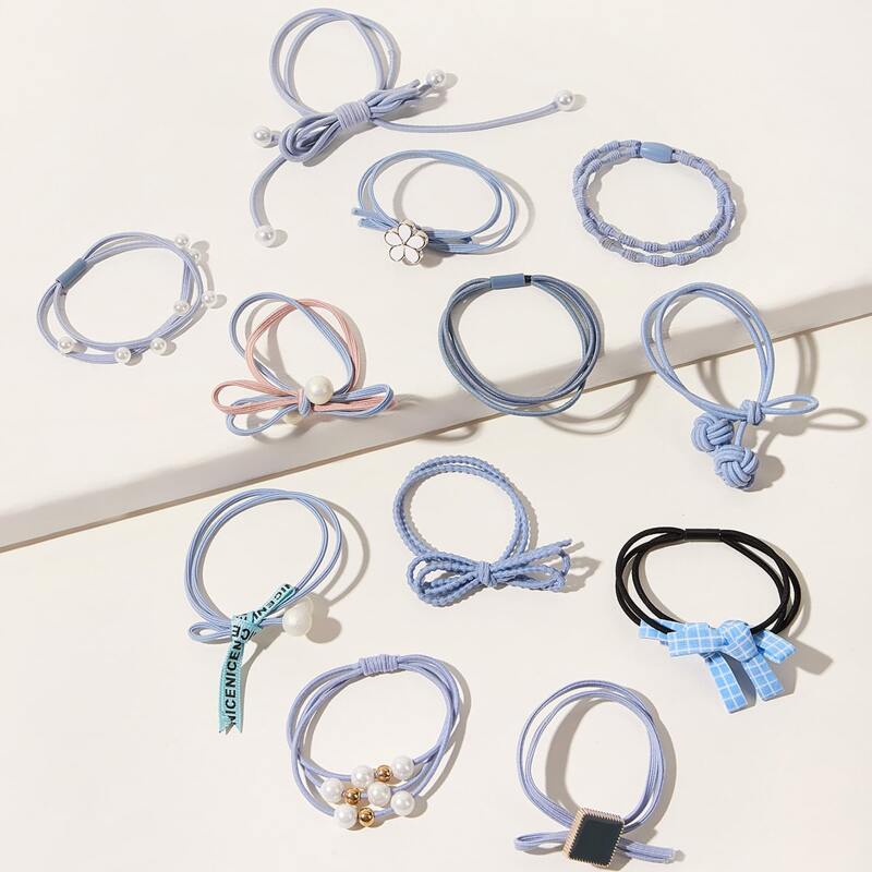 

12pcs Faux Pearl & Floral Decor Hair Tie, Multicolor