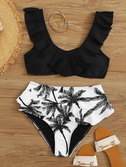 Ruffle Trim Top With Palm Tree Print High Waist Bikini