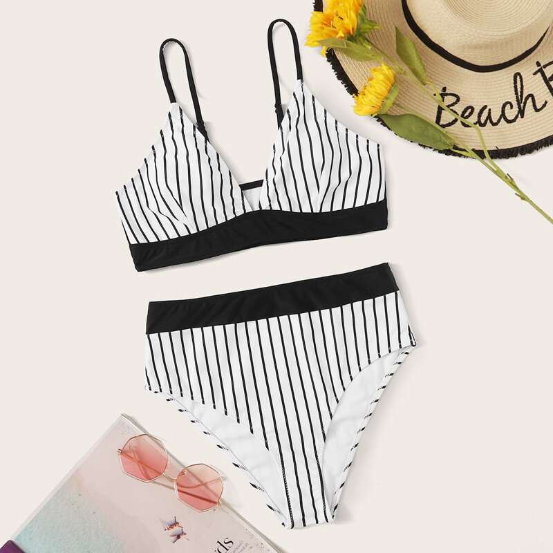 

Striped Elongated Trim High Waisted Bikini Swimsuit, Black and white