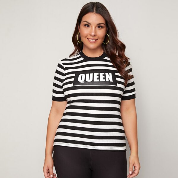 

Plus Rib-knit Letter Graphic Striped Tee, Black and white
