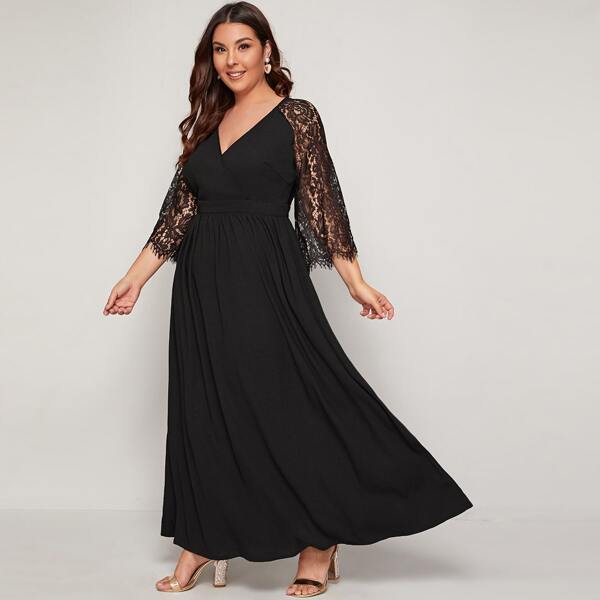 

Plus Surplice Neck Sheer Lace Raglan Sleeve Flare Dress, Black