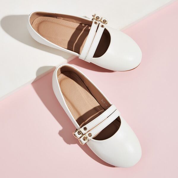 

Girls Double Buckle Strap Ballet Flats, White