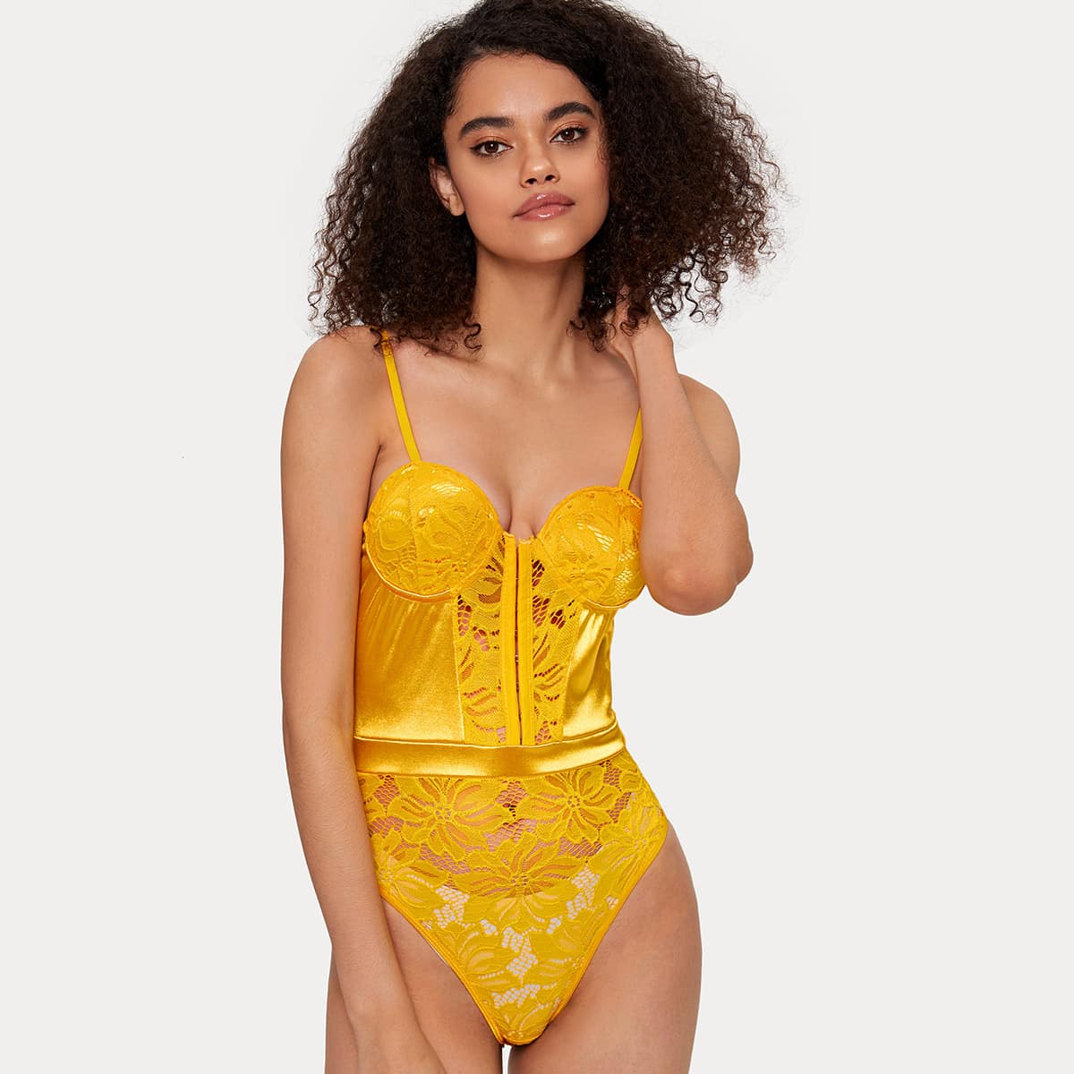 

Floral Lace Front-close Teddy Bodysuit, Yellow