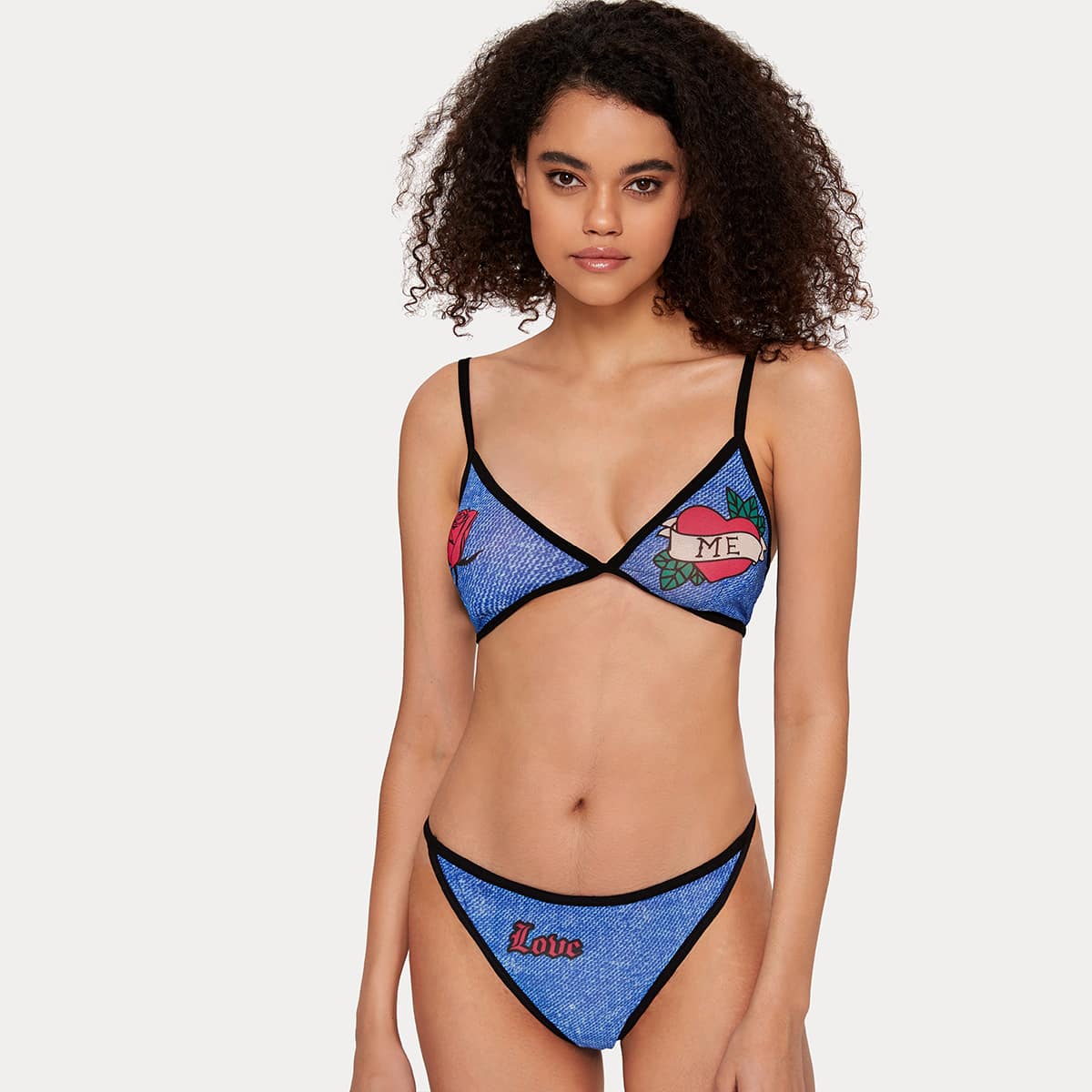 

Heart & Rose Pattern Lingerie Set, Blue