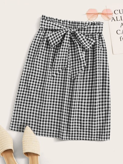 SHEIN Paperbag Waist Belted Gingham Skirt