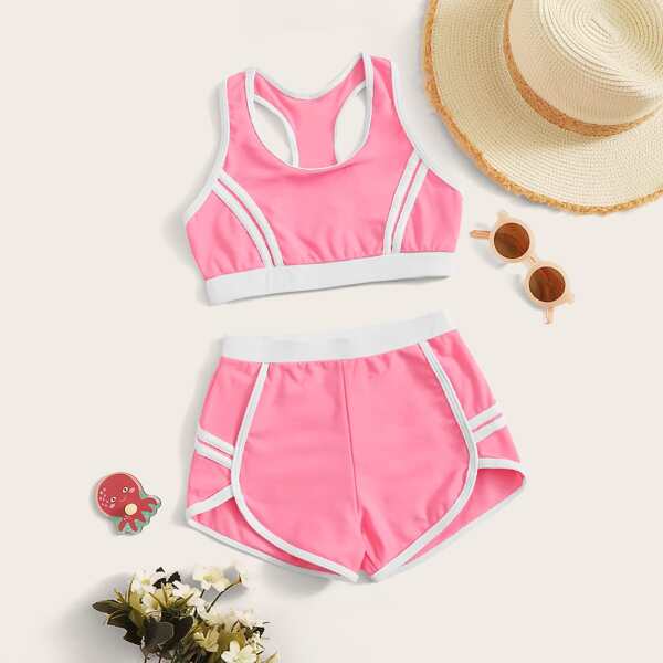 

Girls Contrast Binding Tank Top With Shorts Bikini, Pink