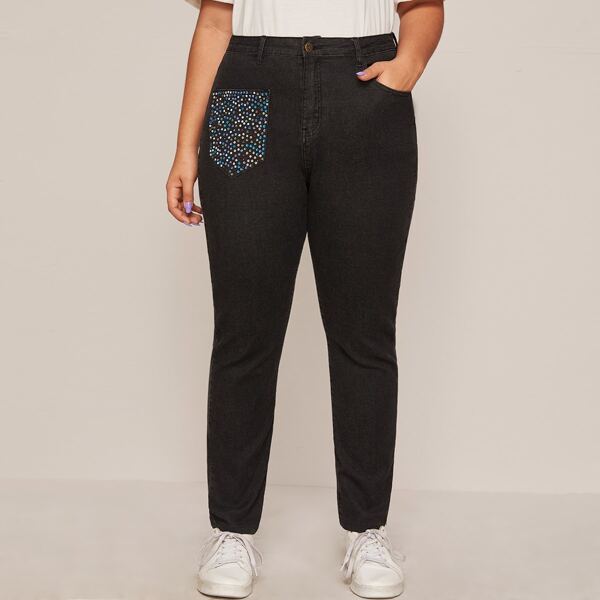 

Plus Beaded Patched Skinny Jeans, Black