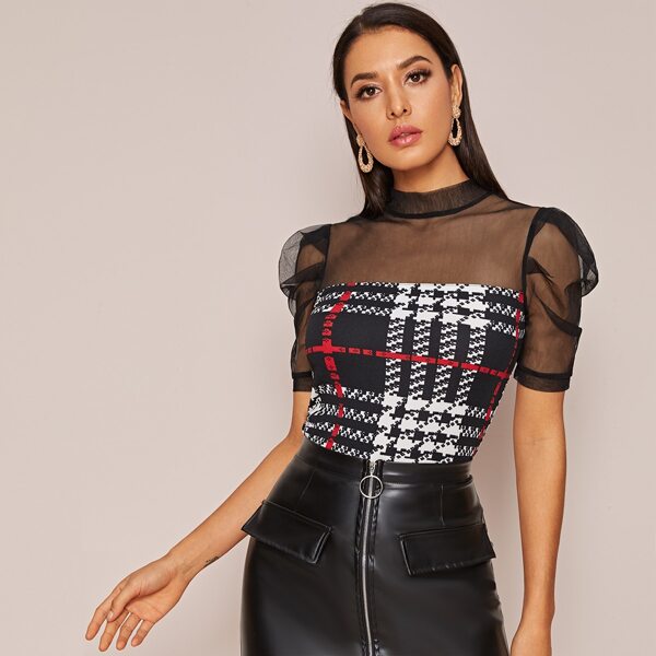 

Mock Neck Puff Sleeve Sheer Mesh Detail Plaid Top, Black and white