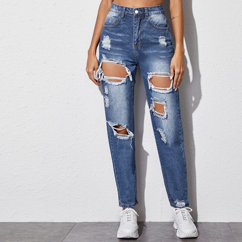 

Distressed Mom Jeans, Blue