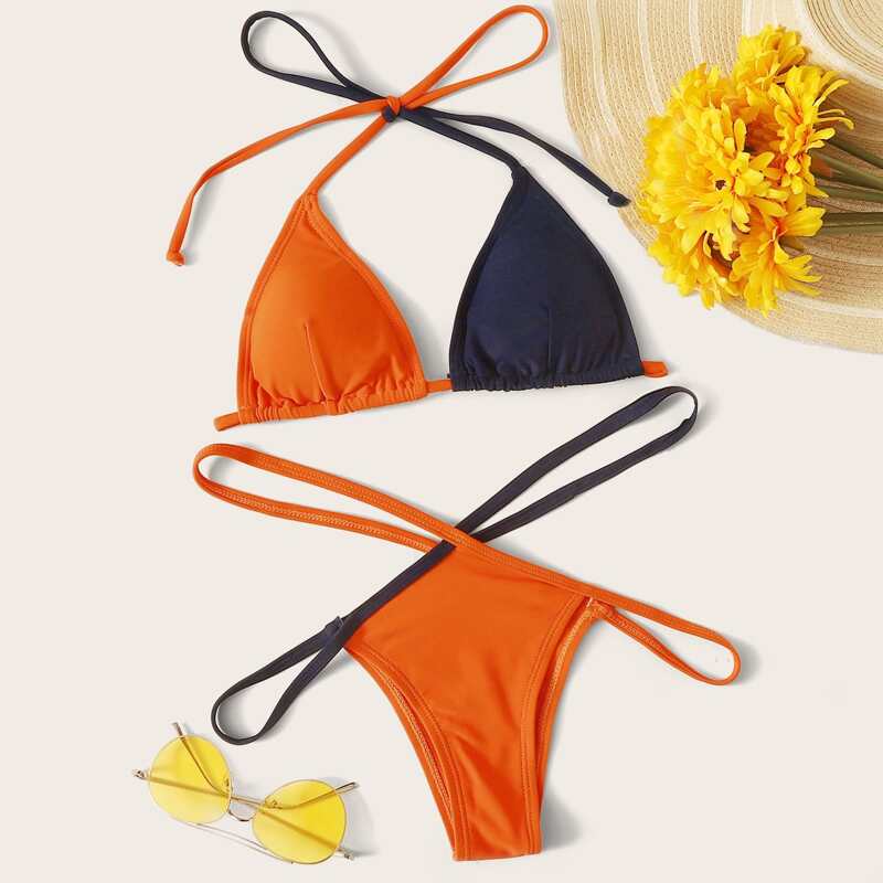 

Two Tone Crisscross Halter Bikini Swimsuit, Multicolor