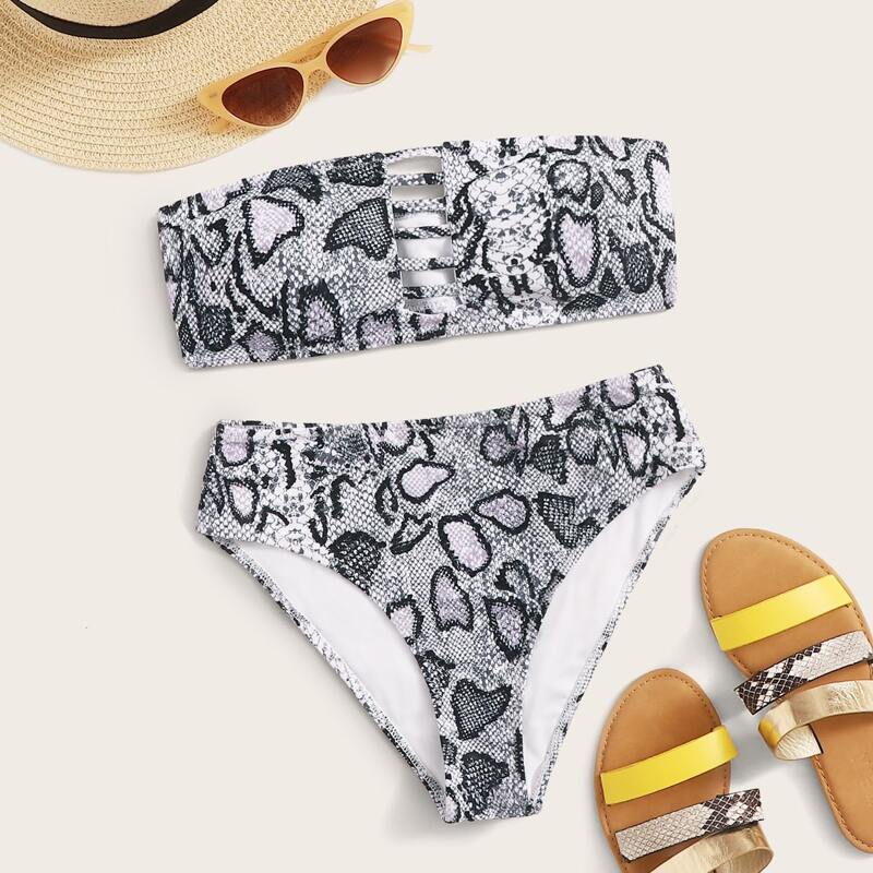 

Ladder Cutout Snakeskin Bandeau Bikini Swimsuit, Multicolor
