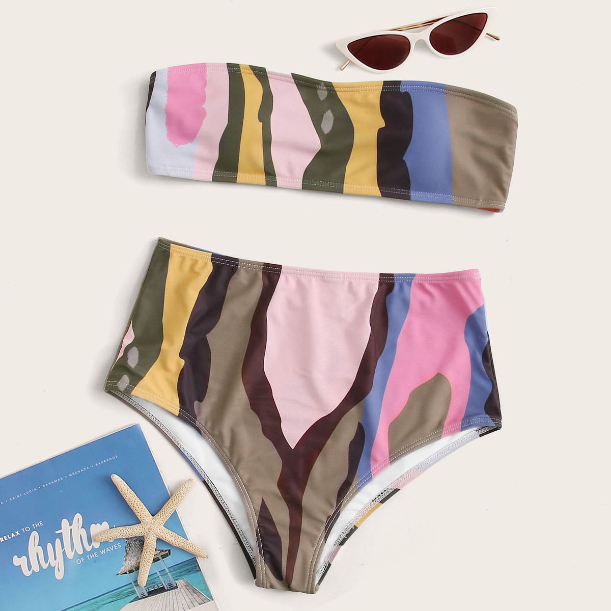 

Graphic Print Bandeau With High Waist Bikini Set, Multicolor