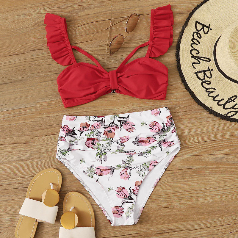 

Ruffle Strap Floral Ruched Bikini Swimsuit, Multicolor